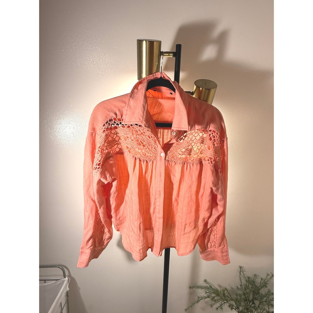boutique peach top lace yoke country western feminine boho loose fit med nwot